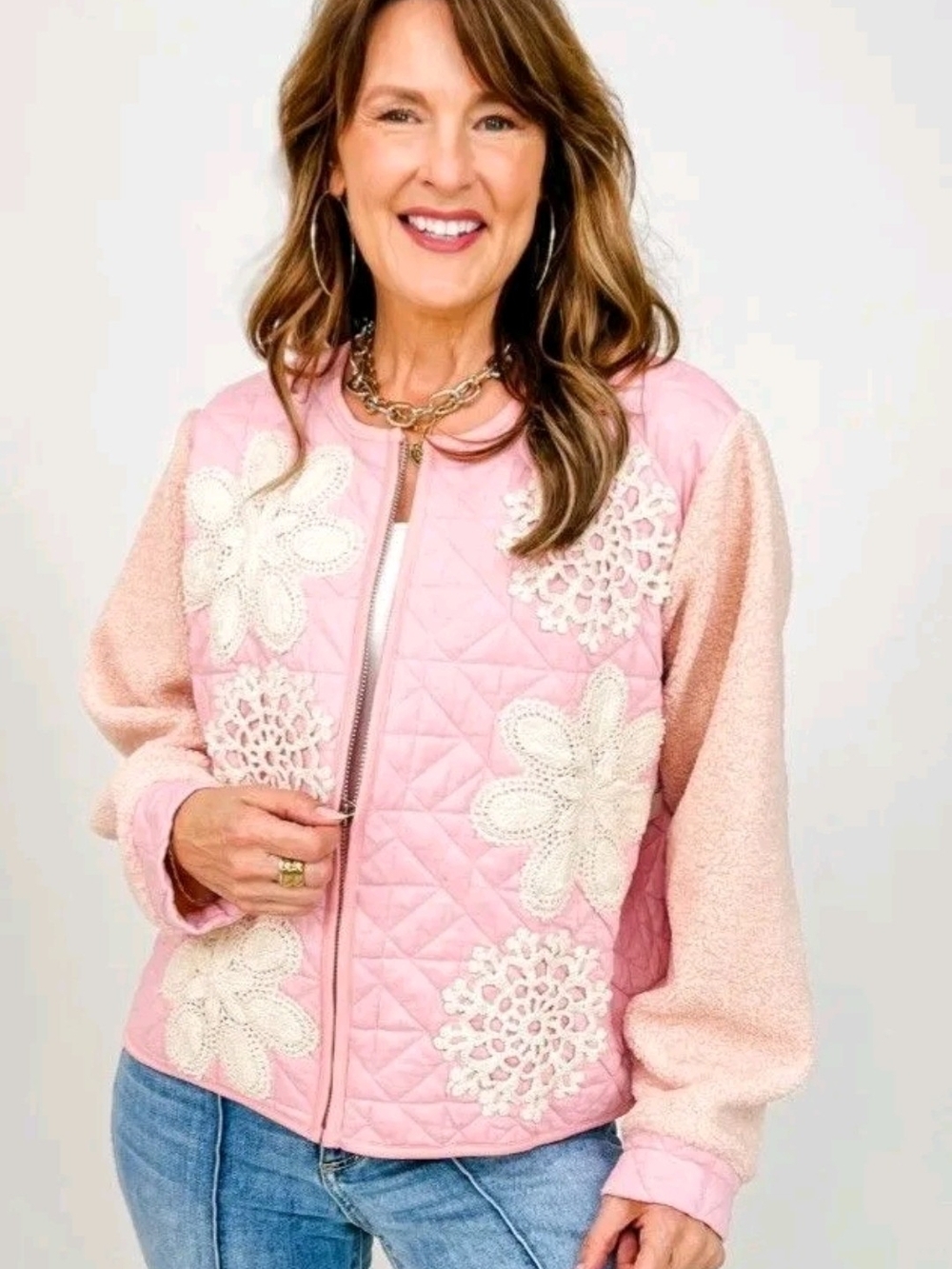POL Quilted Crochet Doily & Sherpa Floral Appliqué Full Zip Jacket